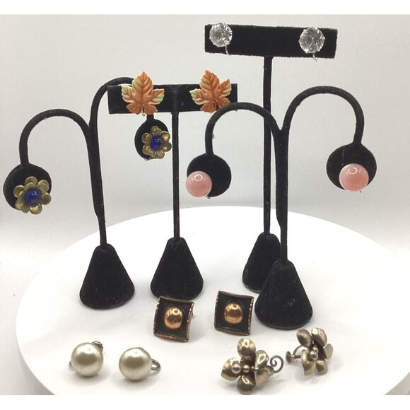 1950-60s Sterling Earrings Vintage 7 Pr Lot-Copper Porcelain Lucite Estate Find - Picture 1 of 9